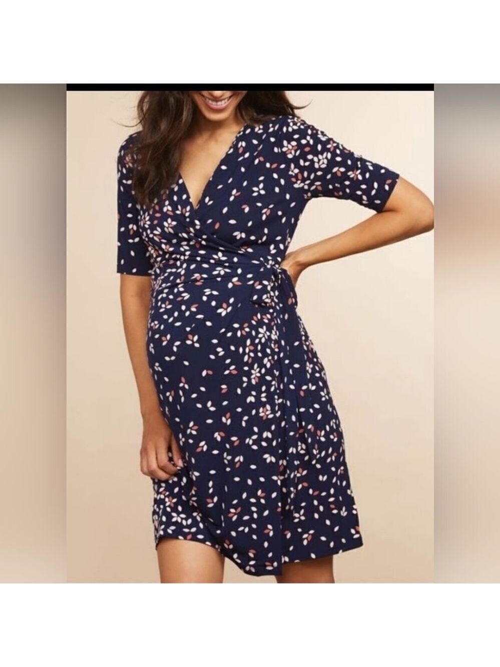 Motherhood Maternity Wrap Dress Navy Blue Floral Size Small